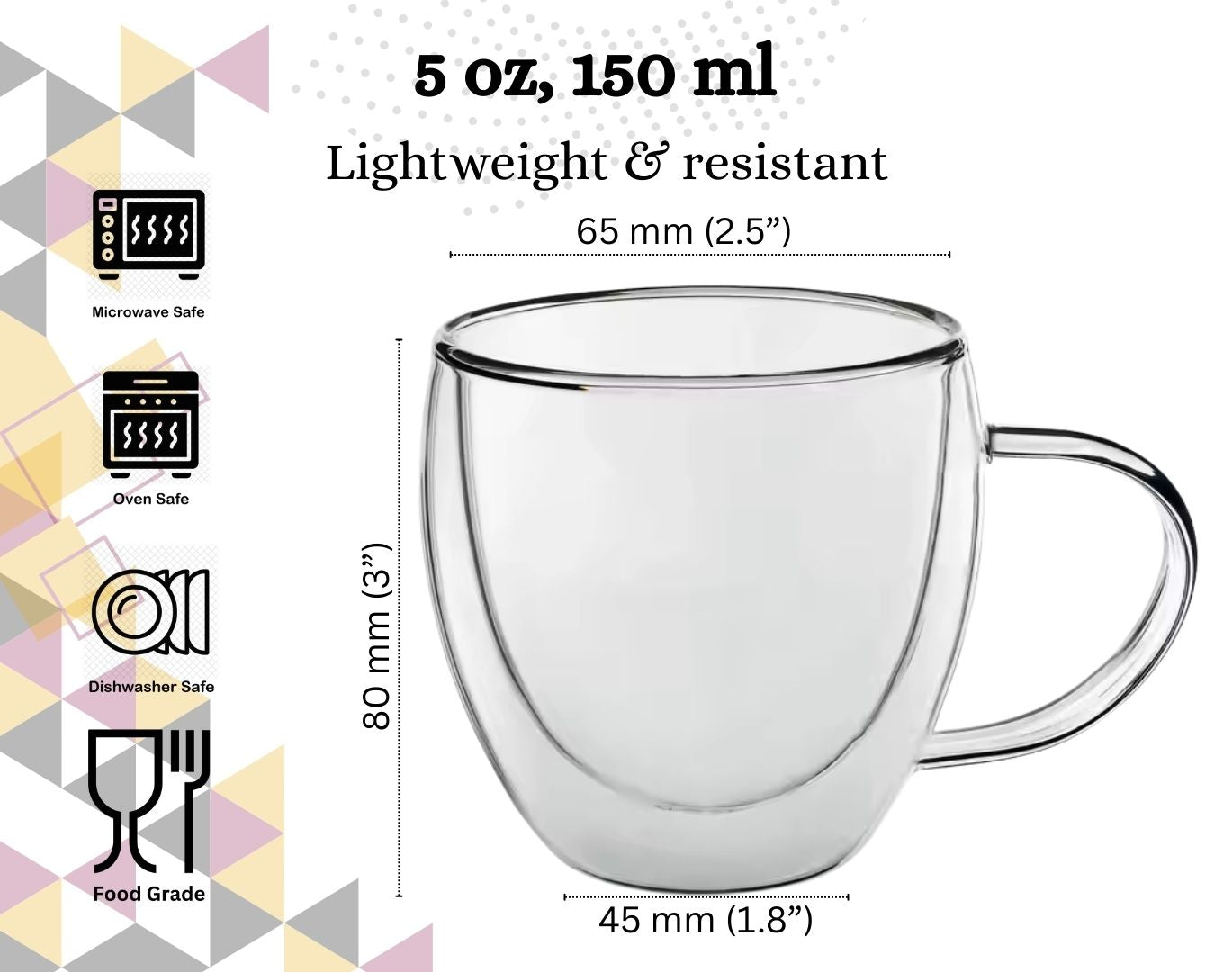 Double-wall Cups, Borosilicate Glass with handle, 5 oz (150 ml)