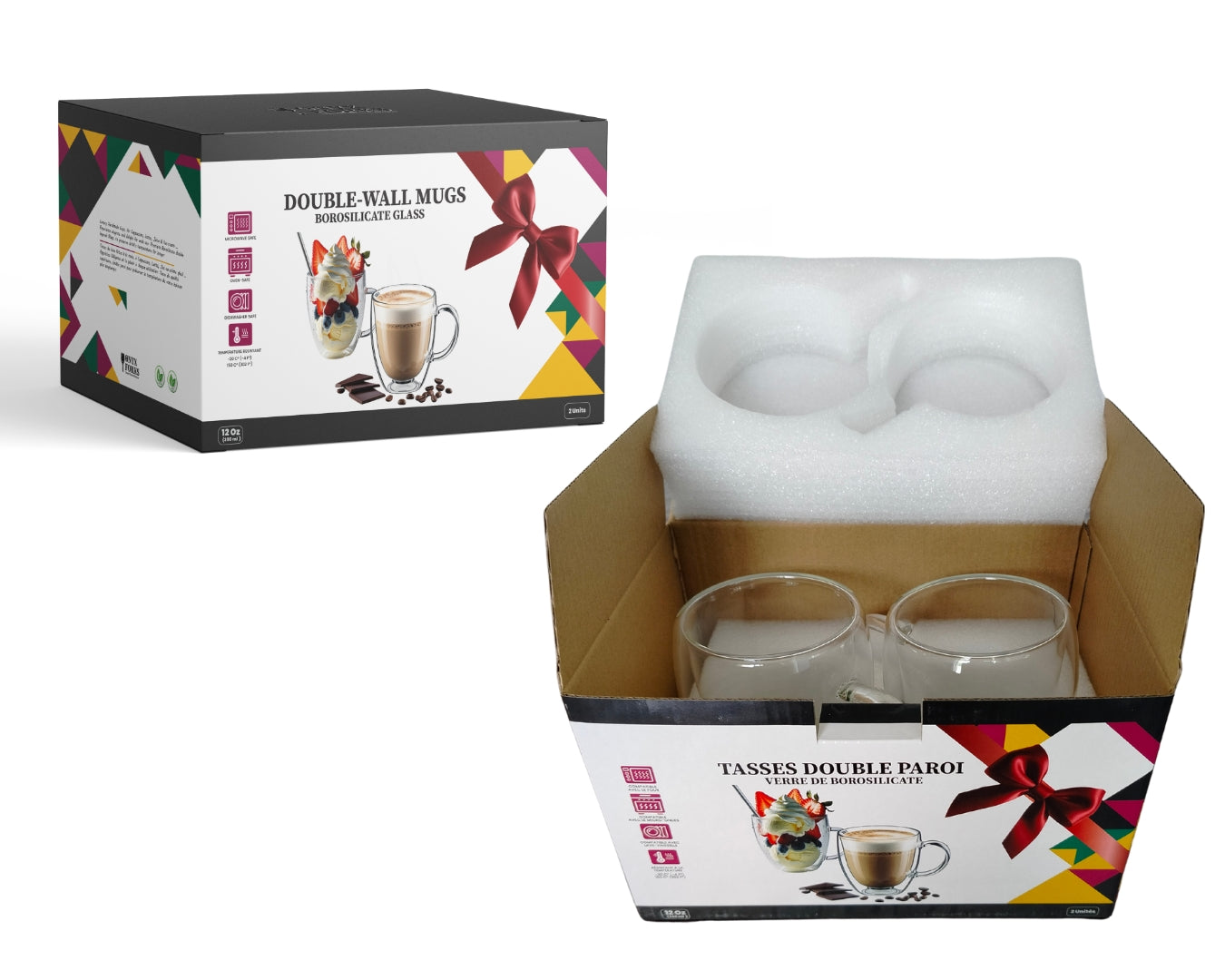 Cappuccino Cups Set Of 2 x 12 Oz (350 ml), Handmade Double Walled Borosilicate Glass Coffee Mugs with Handle, Insulated Layer Coffee Mugs, Clear Borosilicate Glass Mug, Perfect for Tea, Latte, Mochaccino Hot & Cold Beverage, Juice and Ice-cream. - Onyx Forks