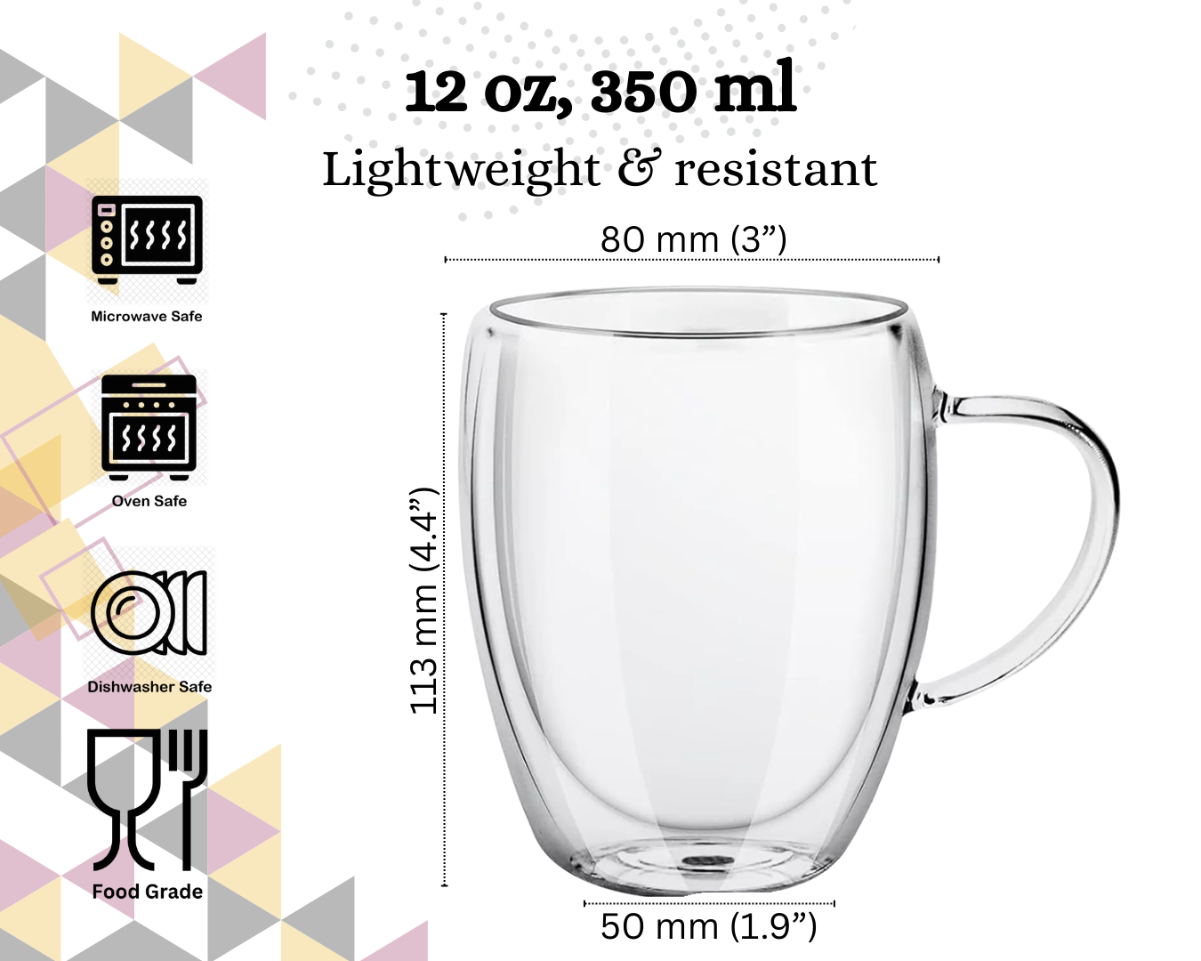 Double-wall Borosilicate Glass Mug with handle, 12 oz (350 ml)